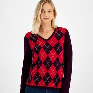 Tommy Hilfiger Women's Cotton Argyle V-Neck Sweater Size XL